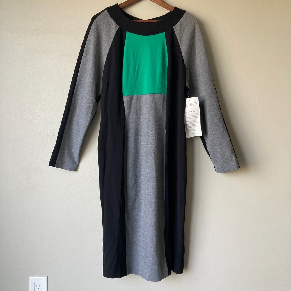 Ashro Womens Colorblock Long Sleeve Sheath Dress Black Grey Green Size 16 NWT